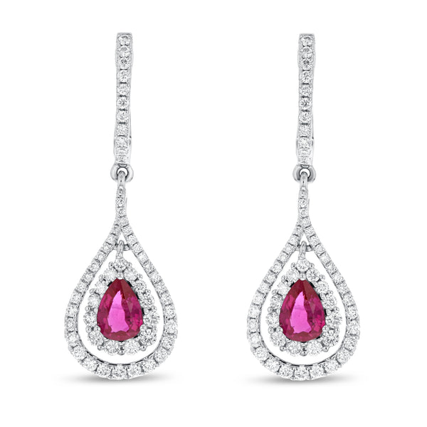 Diamond Halo and Pear Shape Ruby Drop Earrings - R&R Jewelers 