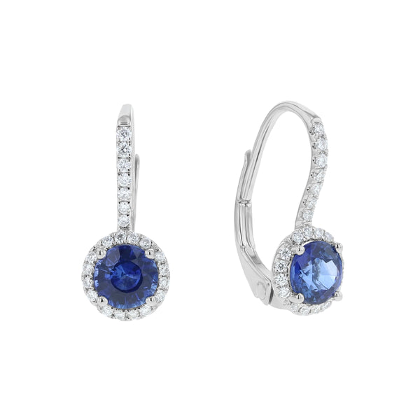 Diamond & Sapphire Round Halo Leverback Earrings