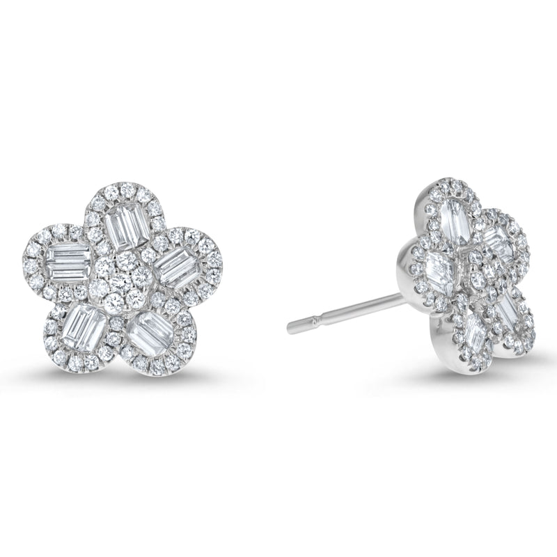 Round and Baguette Diamond Floral Earrings, 0.80 ct - R&R Jewelers 