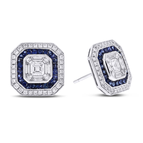 Illusion Set Diamond and Sapphire Earrings - R&R Jewelers 