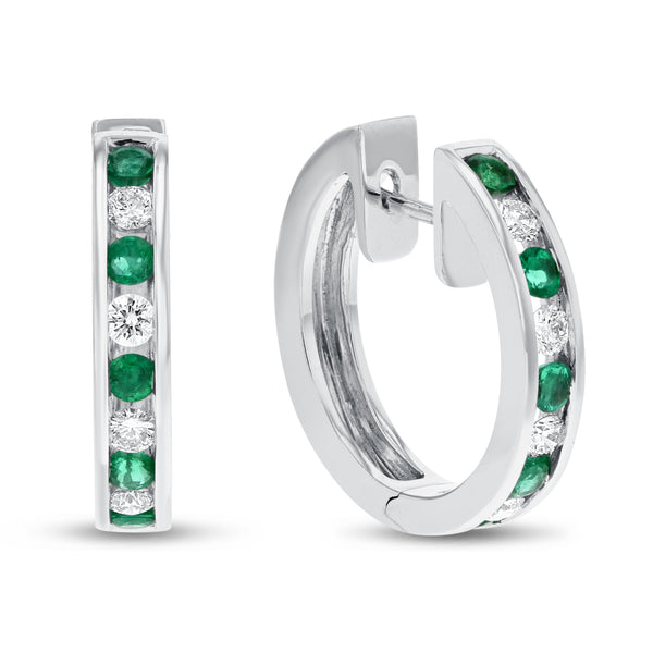 Channel Set Diamond and Emerald Huggie Earrings - R&R Jewelers 