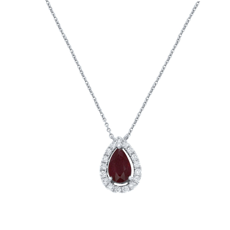 Pear Shape Ruby and Diamond Halo Pendant - R&R Jewelers 