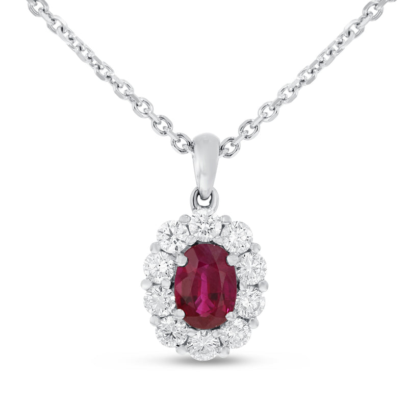Oval Ruby and Diamond Halo Pendant - R&R Jewelers 