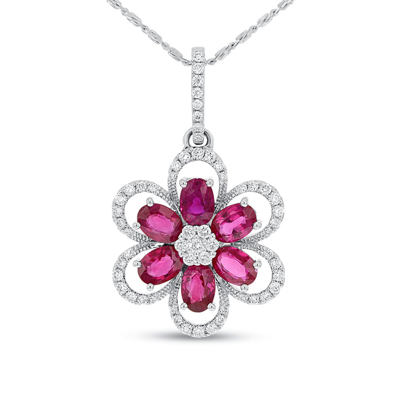 Diamond and Ruby Floral Pendant - R&R Jewelers 