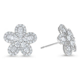 Round and Baguette Diamond Floral Earrings, 1.59 ct - R&R Jewelers 