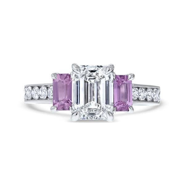 Three Stone Emerald Cut & Pink Sapphire Engagement Ring