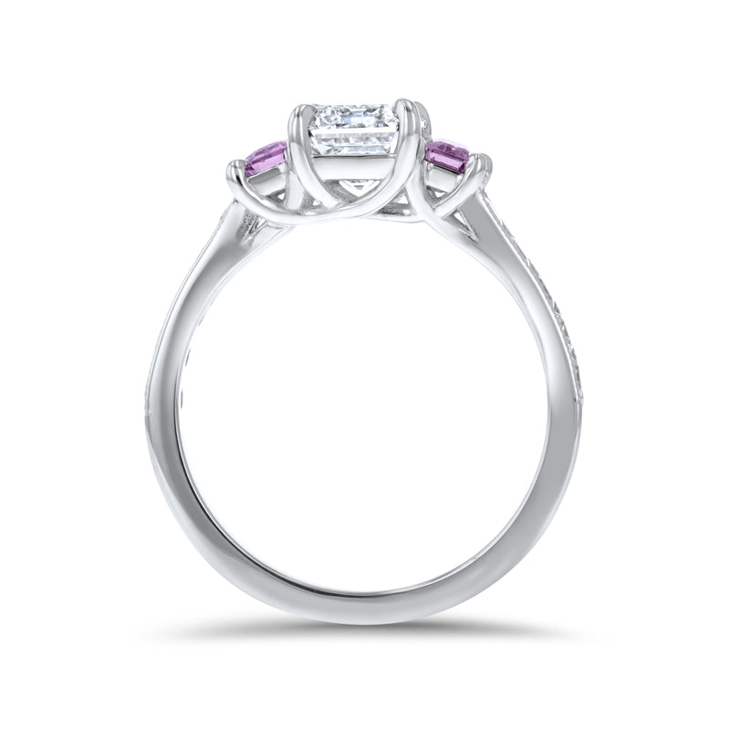 Three Stone Emerald Cut & Pink Sapphire Engagement Ring