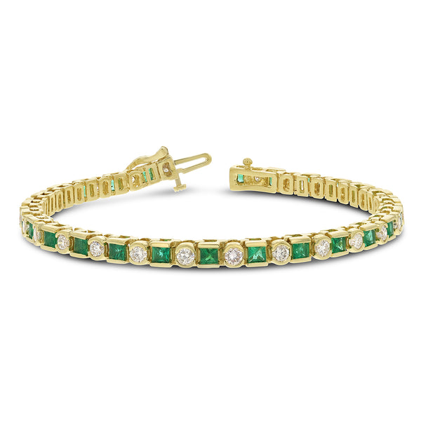 Princess Shaped Emerald And Diamond Tennis Bracelet (B0157)