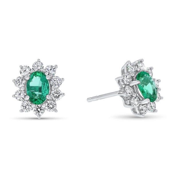 Oval Cut Emerald And Diamond Halo Stud Earrings (E0702)