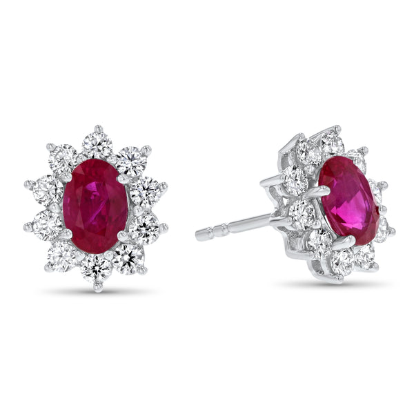 Oval Ruby And Diamond Floral Stud Earrings (E0769)
