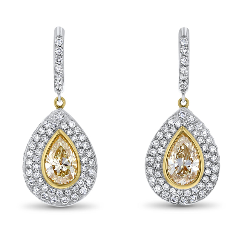 Platinum Pear Shaped Fancy Yellow Diamond Hand Made Dangle Earrings (E1073)