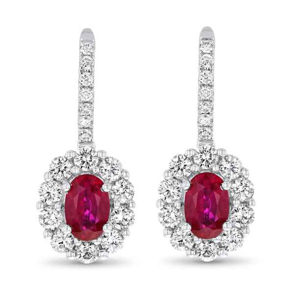 Oval Ruby And Diamond Floral Dangle Drop Earrings (E1903)