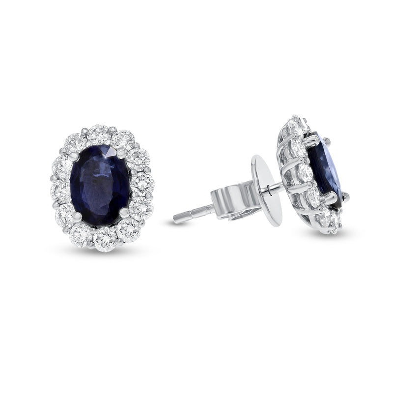 Diamond And Oval Sapphires Stud Earrings (E2135)