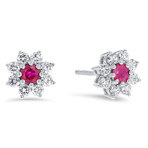 Round Ruby And Diamond Floral Stud Earrings (E2194)