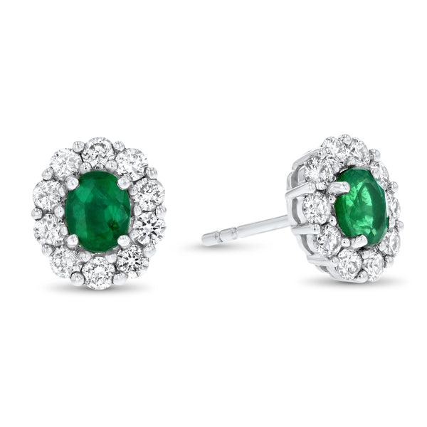 Oval Emerald And Diamond Floral Stud Earrings (E2222)