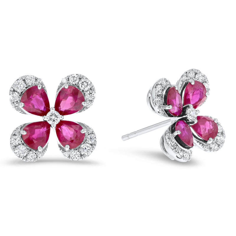 Pear Cut Ruby And Diamond Pave` Floral Earrings (E4027)