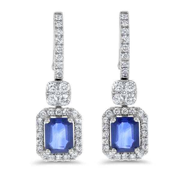 Diamond And Radiant Cut Sapphires Drop Earrings (E4057)