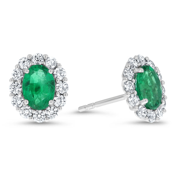 Oval Emerald And Diamond Floral Stud Earrings (E4252)