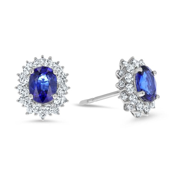 Oval Sapphire And Diamond Floral Stud Earrings (E4255)