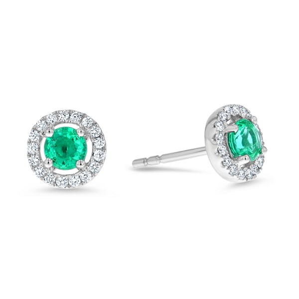Round Emerald And Diamond Halo Stud Earrings (E4256)