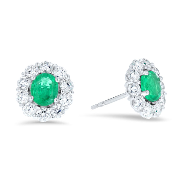 Oval Emerald And Diamond Halo Stud Earrings (E4312)