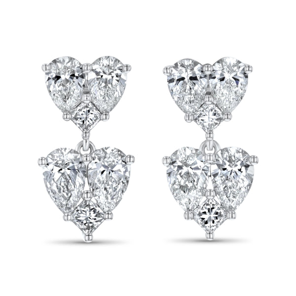 Two Heart Diamond Halo Cluster Drop Earrings (E4322)