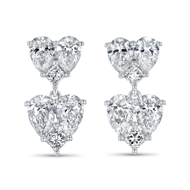Two Heart Diamond Halo Cluster Drop Earrings (E4322)