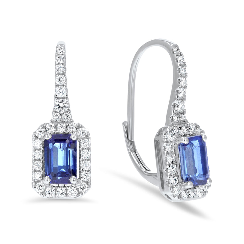 Emerald Cut Sapphire And Graduating Diamond Dangle Drop Earrings (E4374)