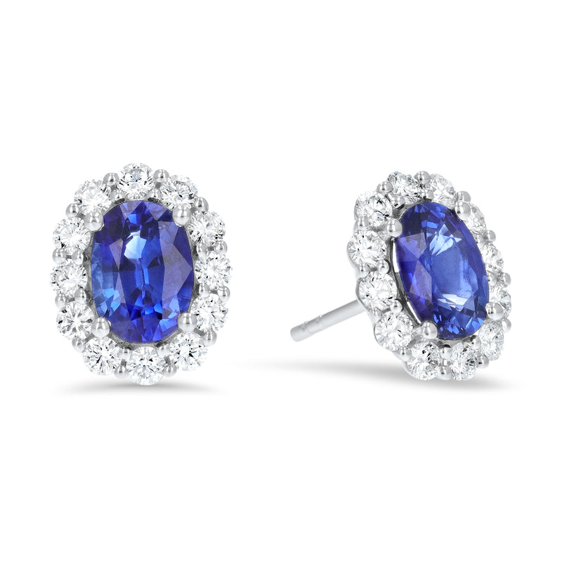 Diamond And Oval Cut Sapphires Stud Earrings (E4377)