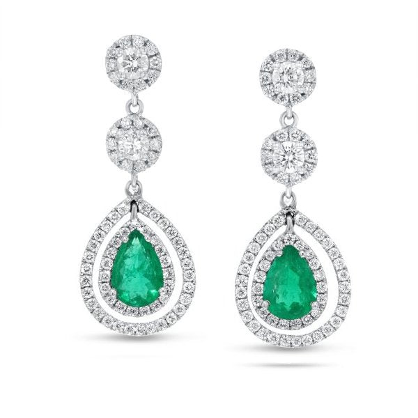 Two Round Halo Diamond And Emerald Drop Earrings (E4401)