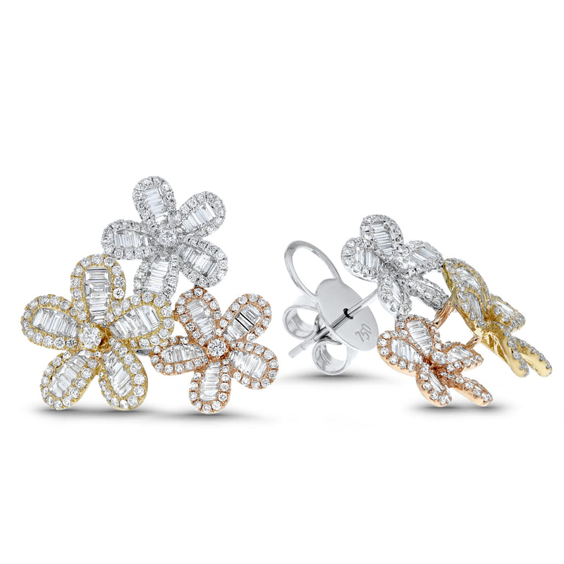 Baguette Diamond Floral Stud Earrings (E4407)