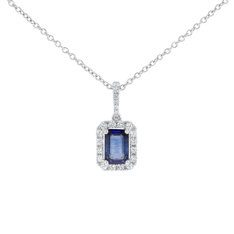 Emerald Cut Sapphire And Diamond Drop Pendant (P1468)
