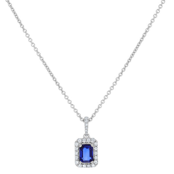 Emerald Shaped Sapphire And Diamond Drop Pendant (P1528)