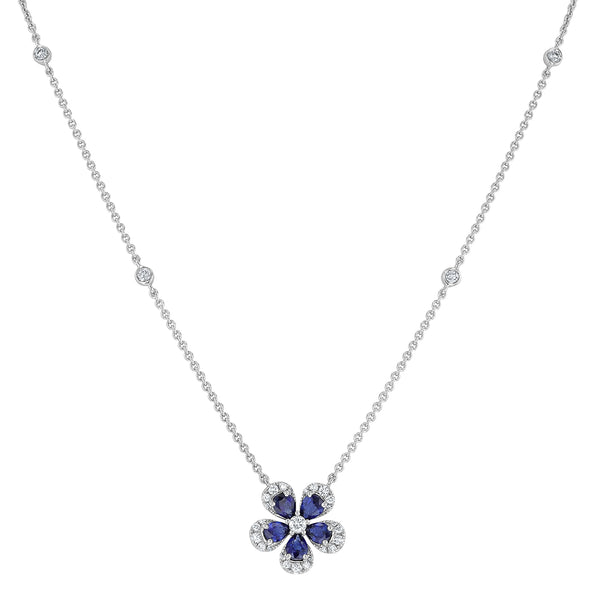 Pear Shaped Sapphire And Diamond Bezel Set Floral Pendant (P1580)