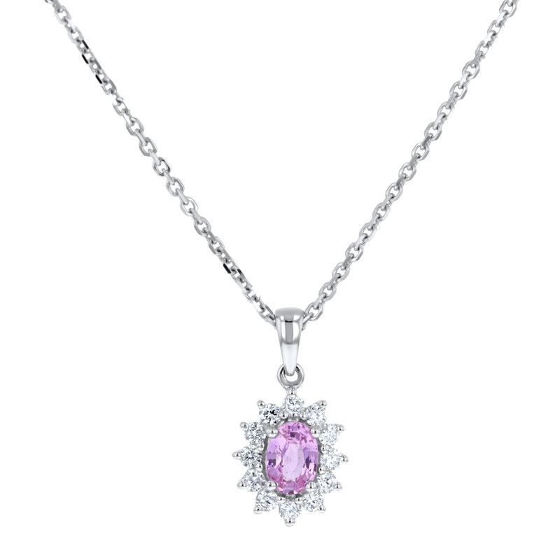 Oval Shape Pink Sapphire and 1/4 Ctw Diamond Pendant in 14K White Gold with  Chain