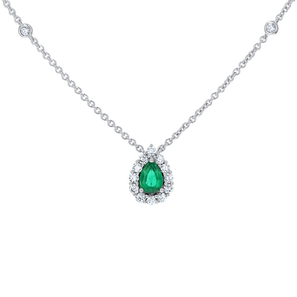 Pear Shaped Emerald And Diamond Bezel Set Drop Pendant (P1646)