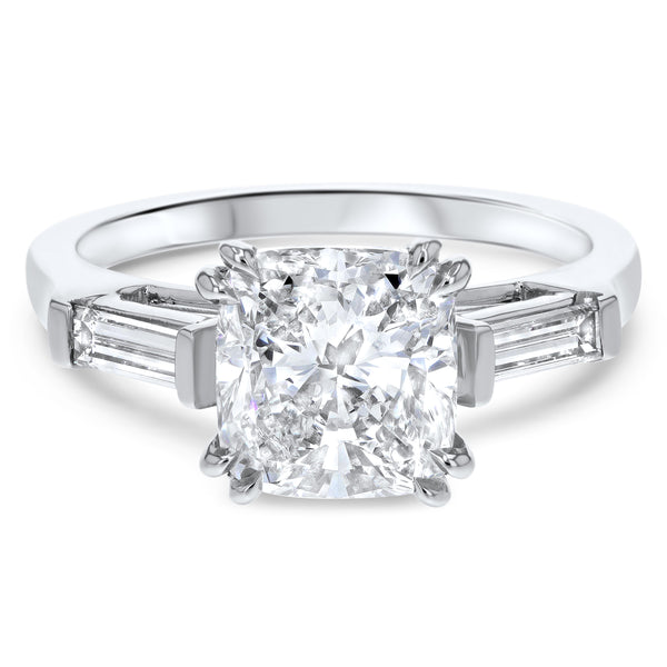 Three-Stone Cushion Cut with Baguette Sidestones Engagement Ring - R&R Jewelers 