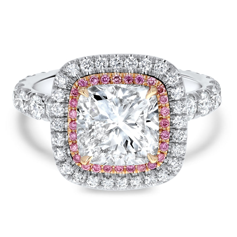 Two-Tone Cushion Cut Double Halo Pink Diamond Engagement Ring - R&R Jewelers 