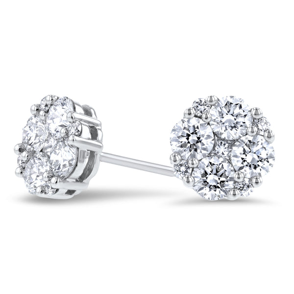 Floral Diamond Halo Cluster Stud Earrings (E4435)