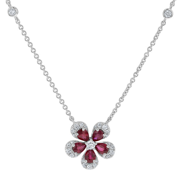Diamond and Ruby Floral Pendant - R&R Jewelers 