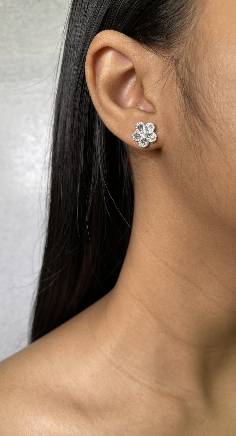 Round and Baguette Diamond Floral Earrings (E4261)