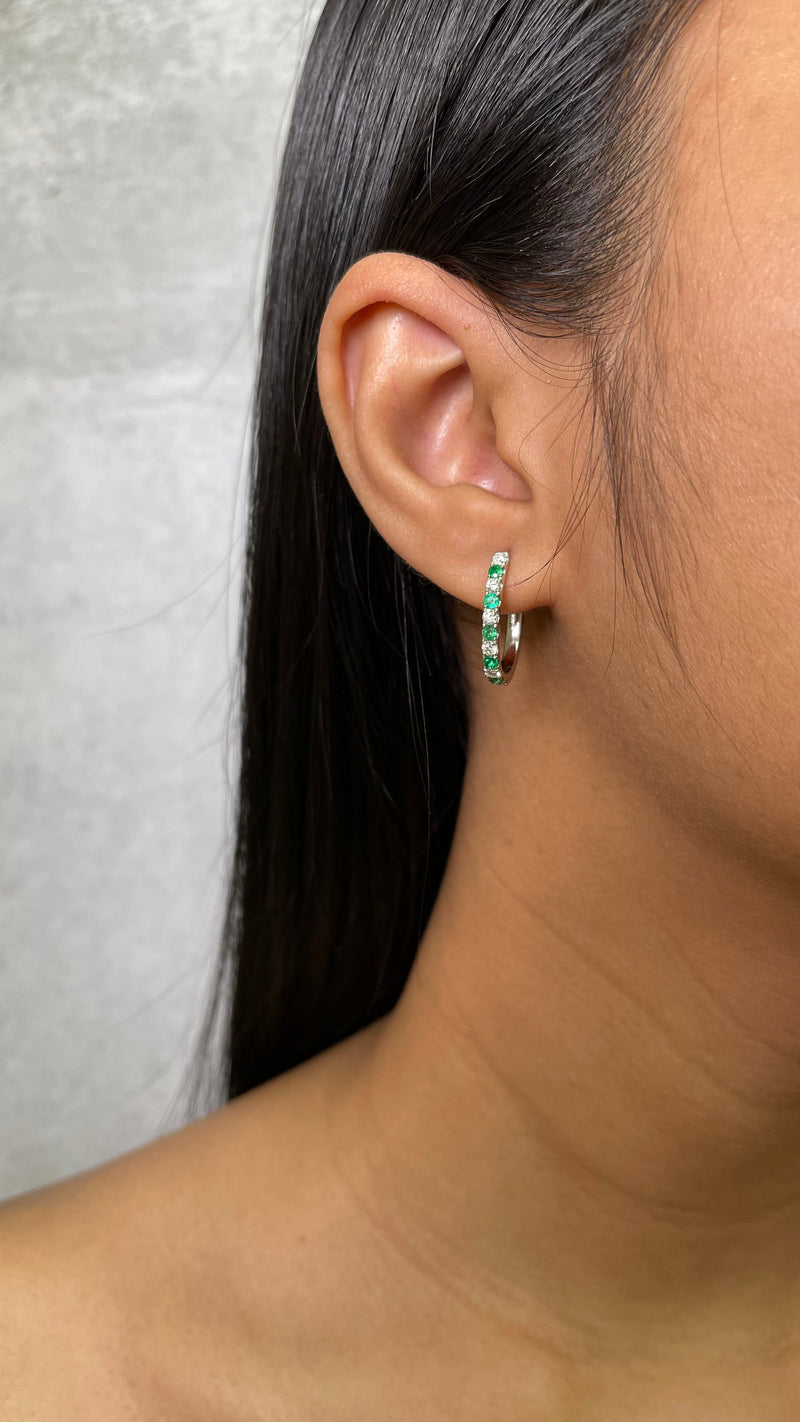 Alternating Diamond and Emerald Hoop Earrings (E2028) - R&R Jewelers 