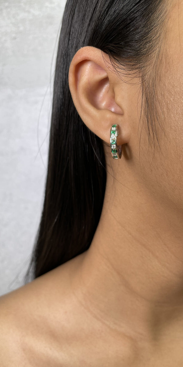 Channel Set Diamond and Emerald Hoop Earrings - R&R Jewelers 