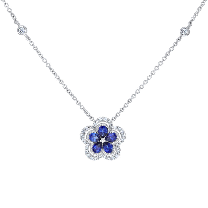 Pear Shaped Sapphire And Diamond Floral Pendant (P1645)