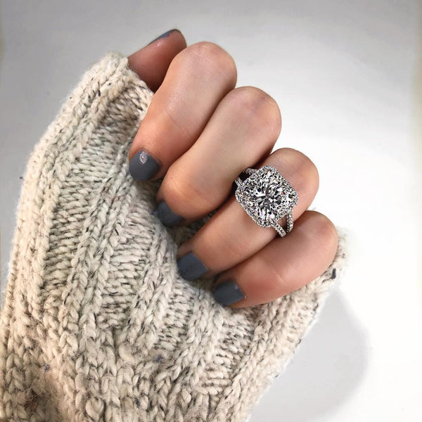 Cushion Halo Pavé Diamond Split Shank Engagement Ring - R&R Jewelers 
