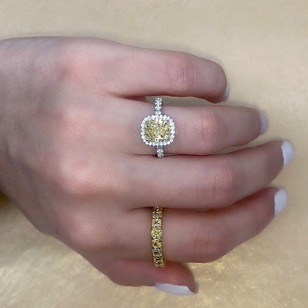 Cushion Cut Fancy Yellow Diamond Halo Engagement Ring - R&R Jewelers 